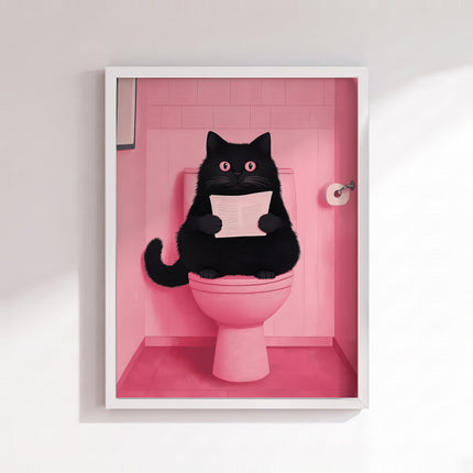 Black Cat on Toilet Poster (White Frame)