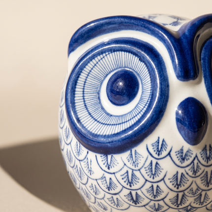 Blue and White Patterned Ceramic Owl
