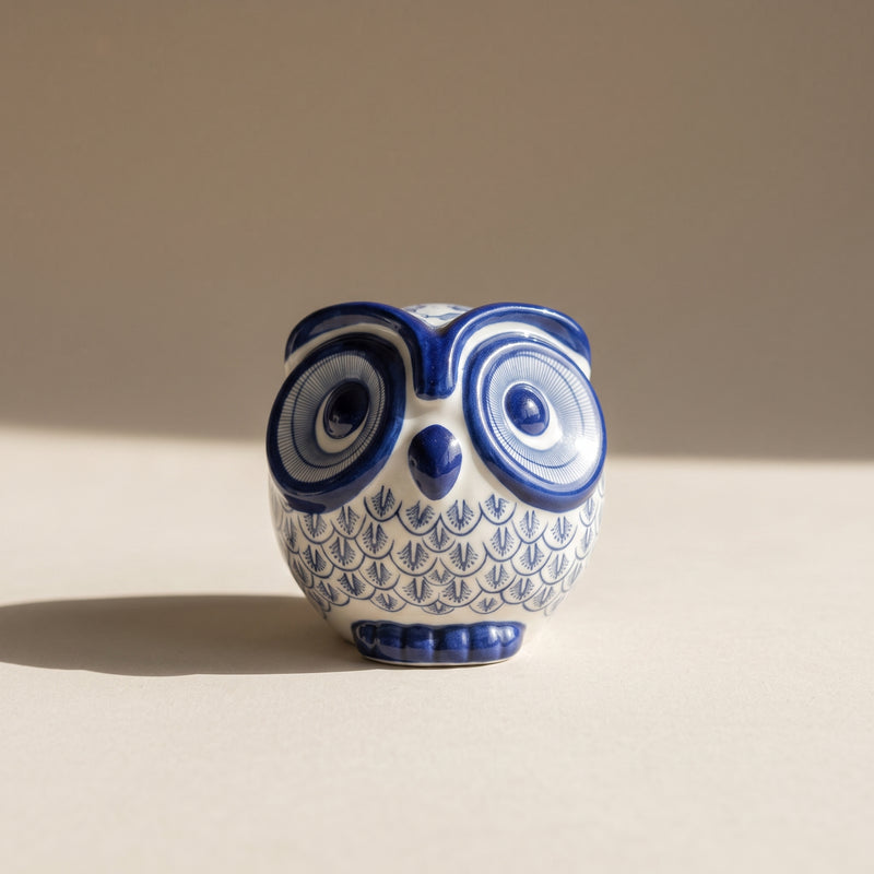 Blue and White Patterned Ceramic Owl