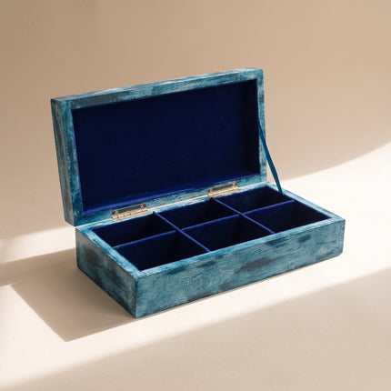 Hamsa Rectangular Tea Box, open, six velvet compartments