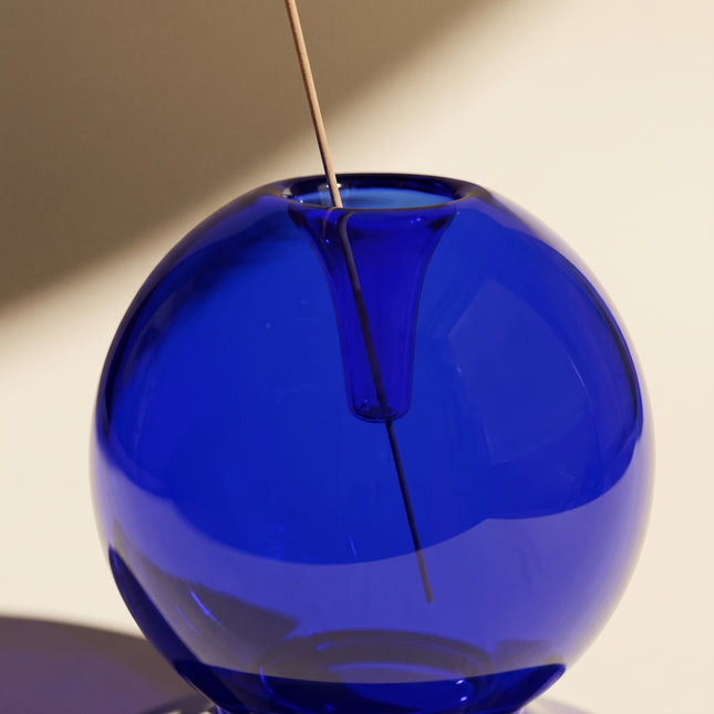 Glass Sphere Incense Holder: Blue, close-up