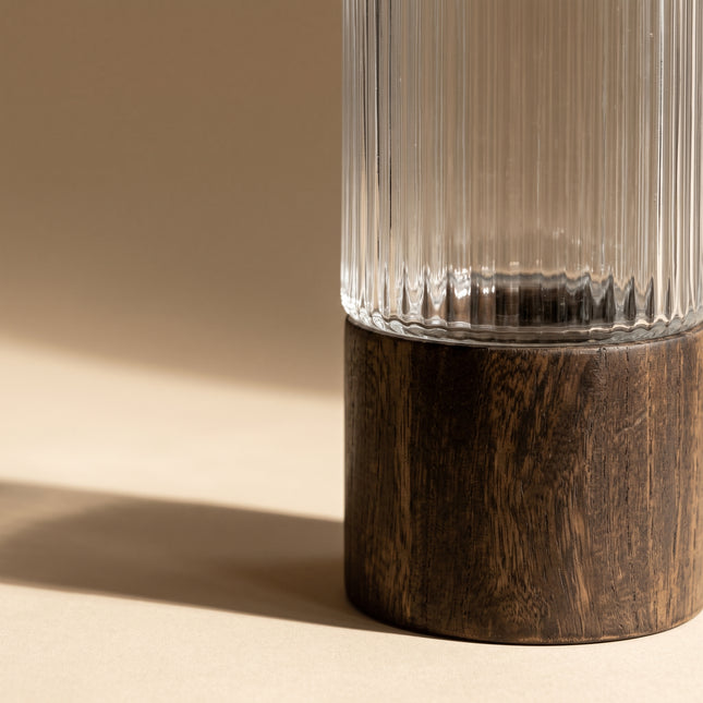 Ribbed Glass Wood Base Vase