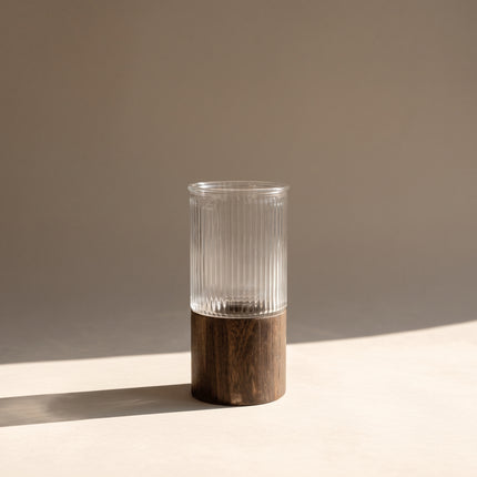 Ribbed Glass Wood Base Vase