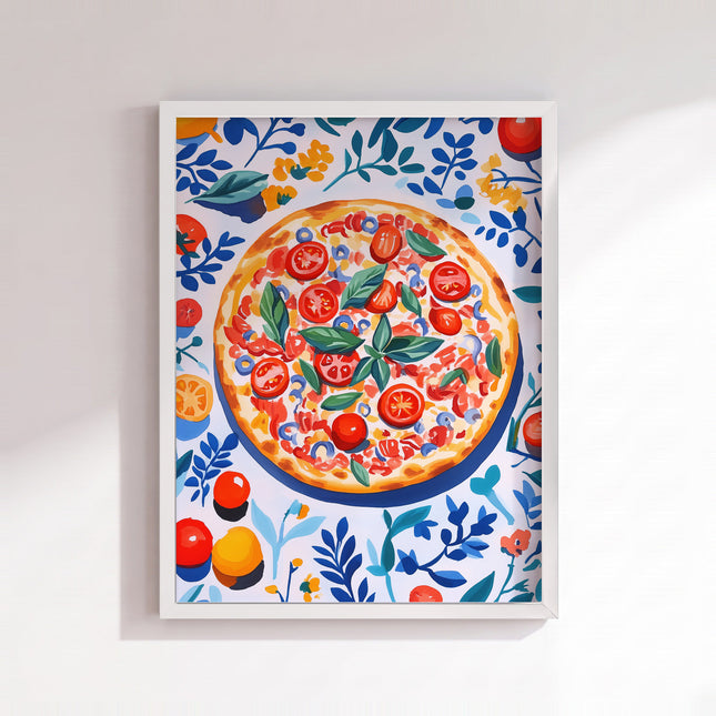 Vibrant Pizza Delight Poster (White Frame)